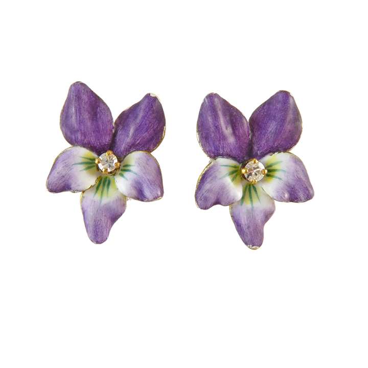 Pair of antique enamel and diamond violet stud earrings, c.1900, each formed of a naturalistic flowerhead in dark purple enamel,